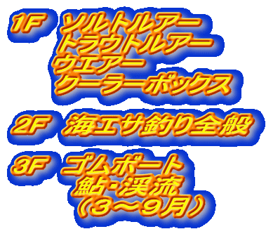 1F�@�\���g���A�[ �@�@�g���E�g���A�[     �E�G�A�[ �@�@�N�[���[�{�b�N�X  2F�@�C�G�T�ނ�S��  3F�@�S���{�[�g �@�@�@���E�k�� �@�@�@�i�R�`�X���j